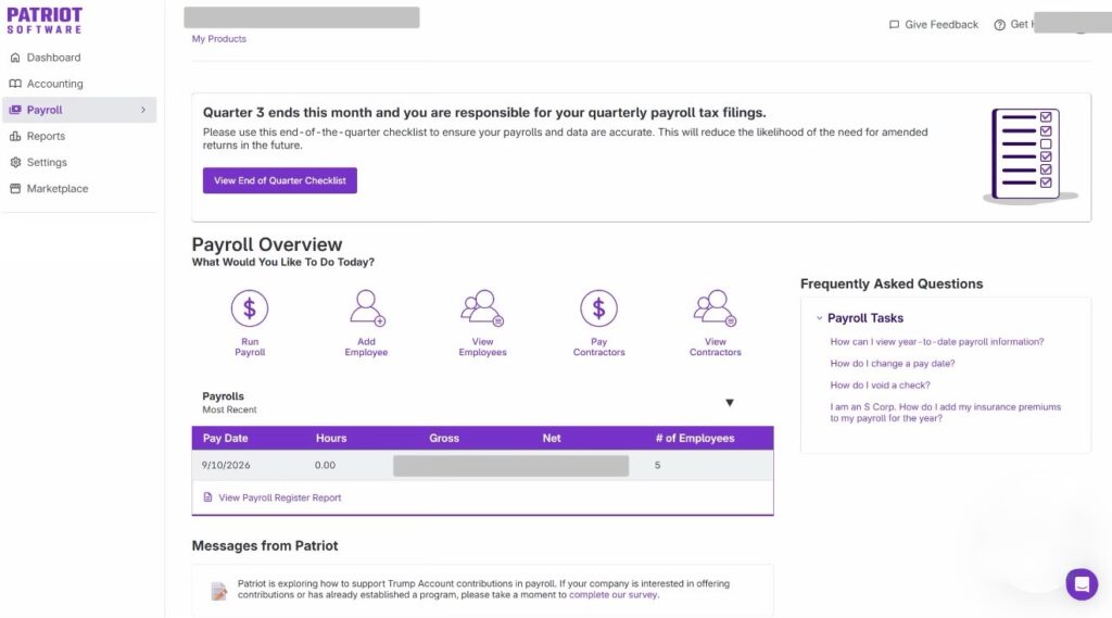 Patriot Basic Payroll dashboard showing payroll overview and quarterly tax filing reminder