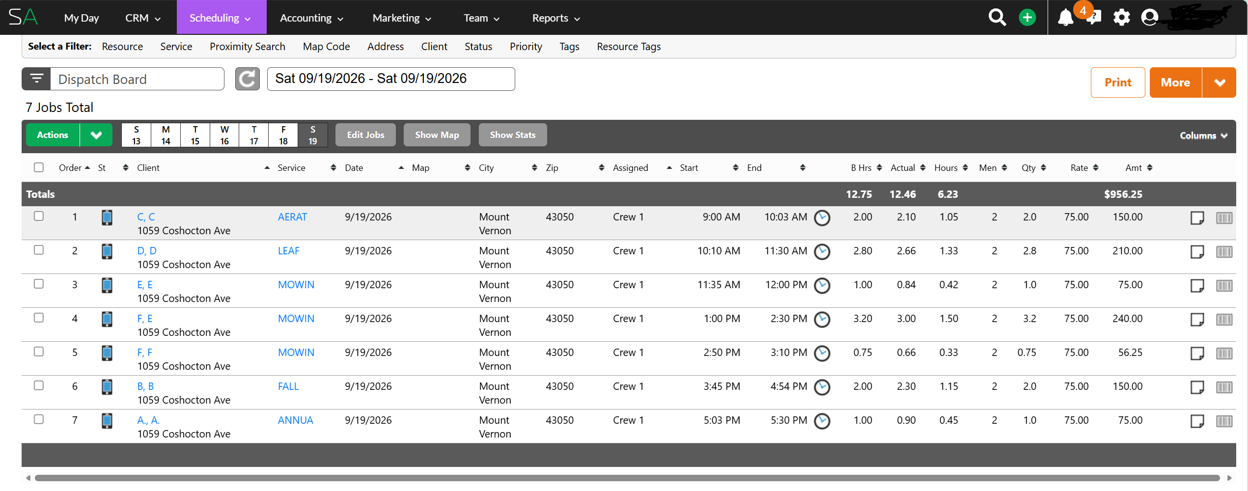 Service Autopilot dispatch board showing a daily crew route and job time tracking