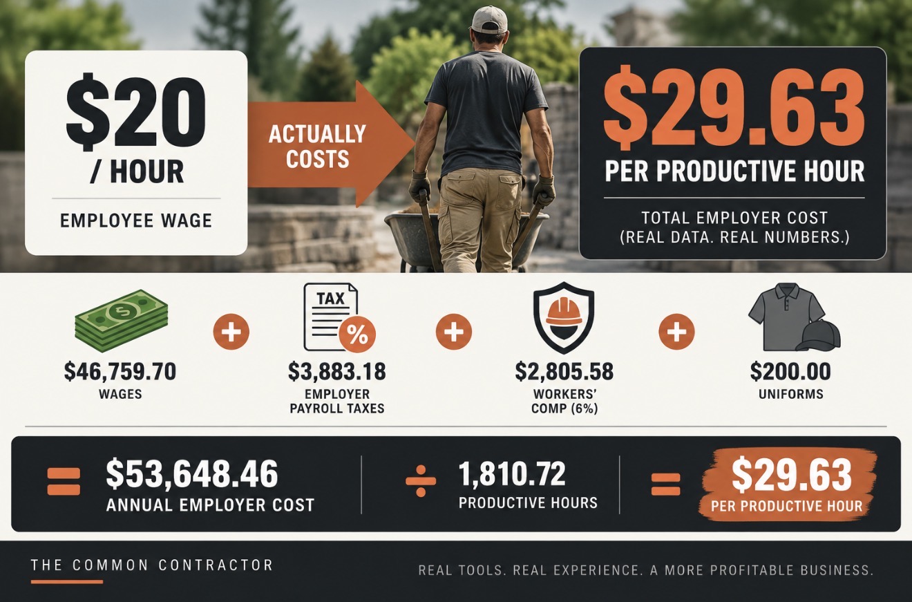 True labor cost per hour example showing how a $20 employee costs approximately $29.63 per productive hour
